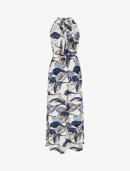 Robe longue élastiquée imprimé feuillage - Marine - 2