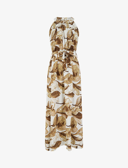 Robe longue élastiquée imprimé feuillage - Marron - 1