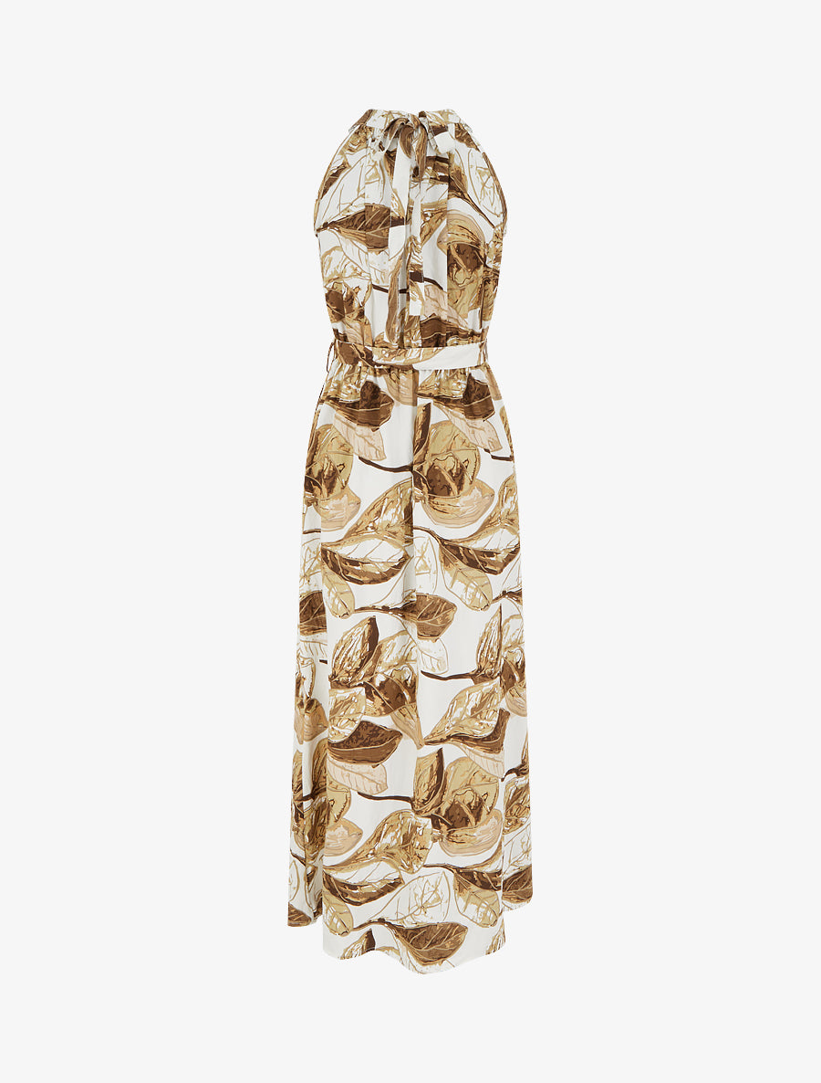 Robe longue élastiquée imprimé feuillage - Marron - 2