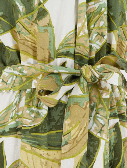 Robe longue élastiquée imprimé feuillage - Kaki - 3