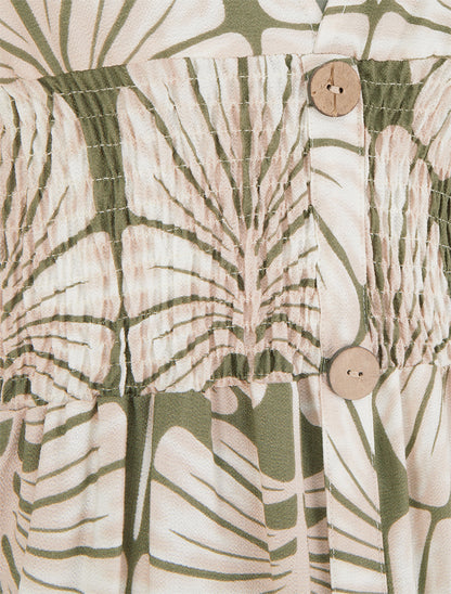 Robe longue manches courtes imprimé grandes feuilles - Kaki - 3