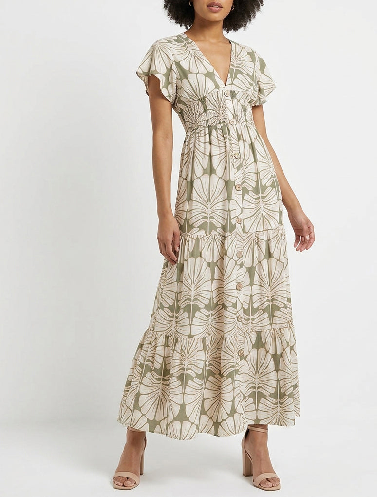 Vestido largo de mangas cortas con estampado de hojas grandes - Caqui