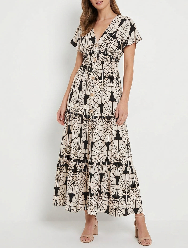 Vestido largo de mangas cortas con estampado de hojas grandes - Negro