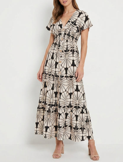 Vestido largo de mangas cortas con estampado de hojas grandes - Negro