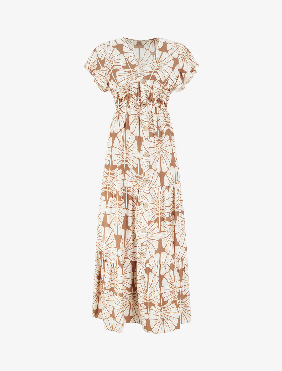 Robe longue manches courtes imprimé grandes feuilles - Camel - 1