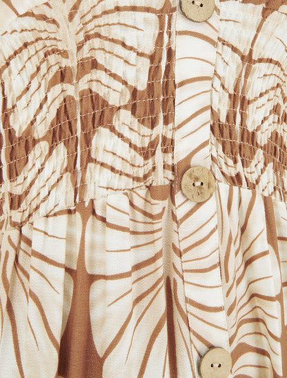 Robe longue manches courtes imprimé grandes feuilles - Camel - 3
