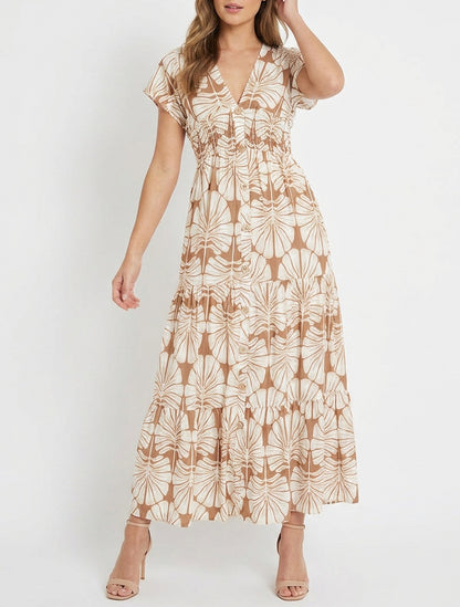 Vestido largo de mangas cortas con estampado de hojas grandes - Camello