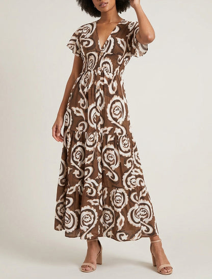 Vestido largo de manga corta con estampado de cachemira estilizado - Marrón