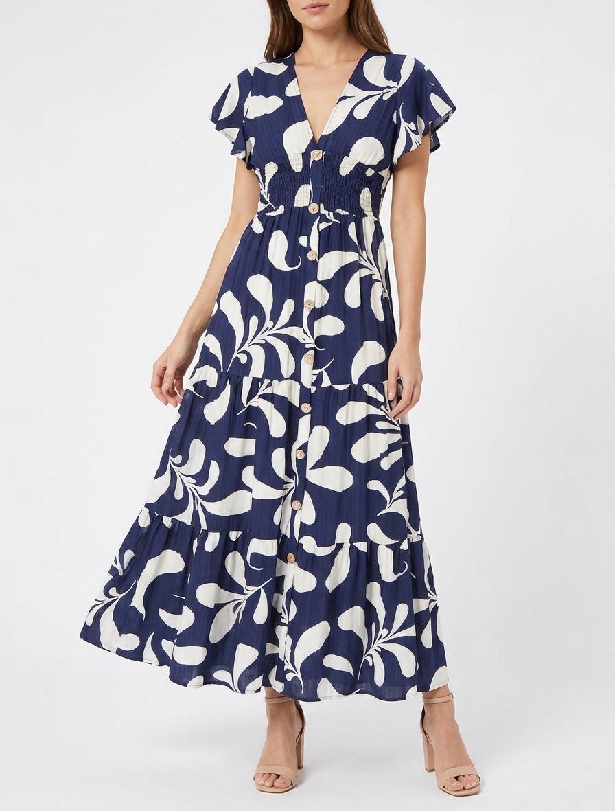 Vestido largo de manga corta con estampado de plantas estilizadas - Marine