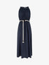 Robe longue unie à col rond stylisé - Marine - 1