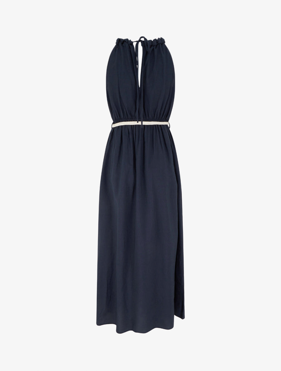 Robe longue unie à col rond stylisé - Marine - 2
