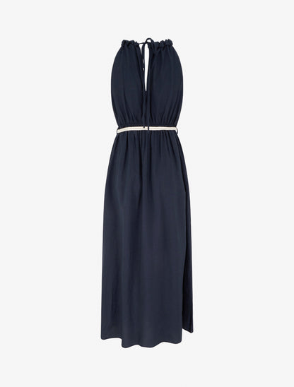 Robe longue unie à col rond stylisé - Marine - 2
