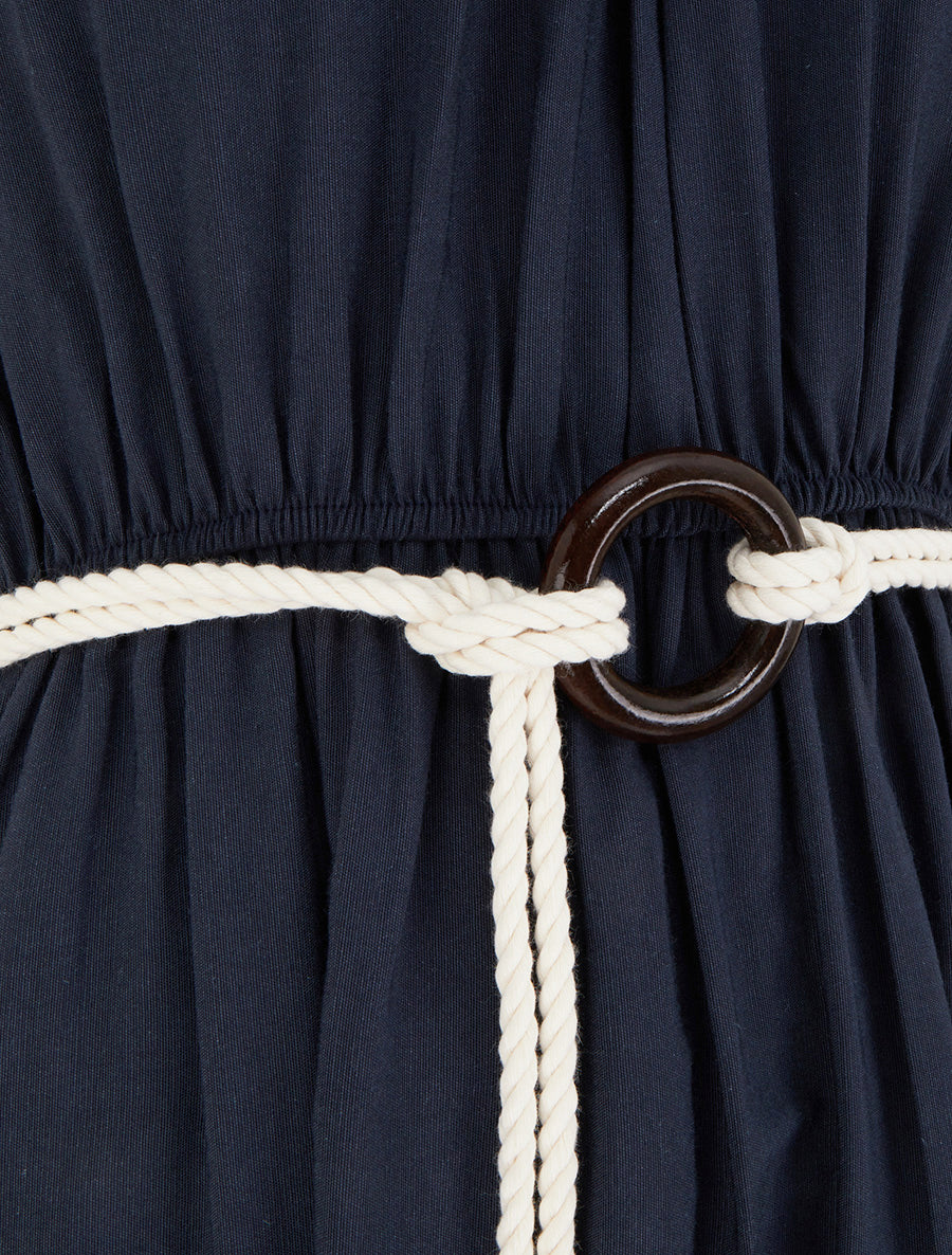 Robe longue unie à col rond stylisé - Marine - 3