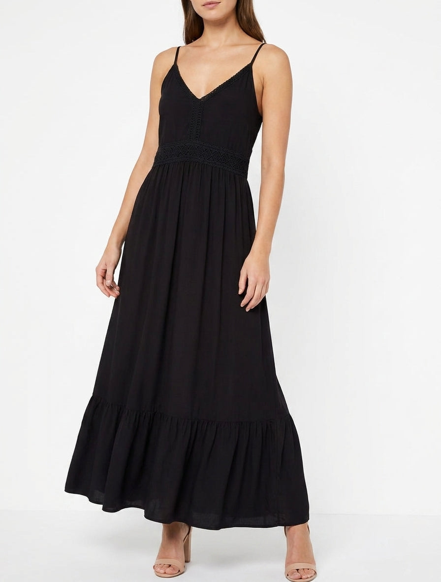 Vestido largo liso con cintura de encaje - Negro
