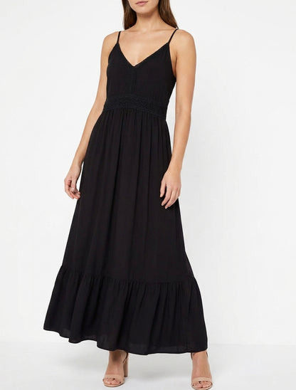 Vestido largo liso con cintura de encaje - Negro