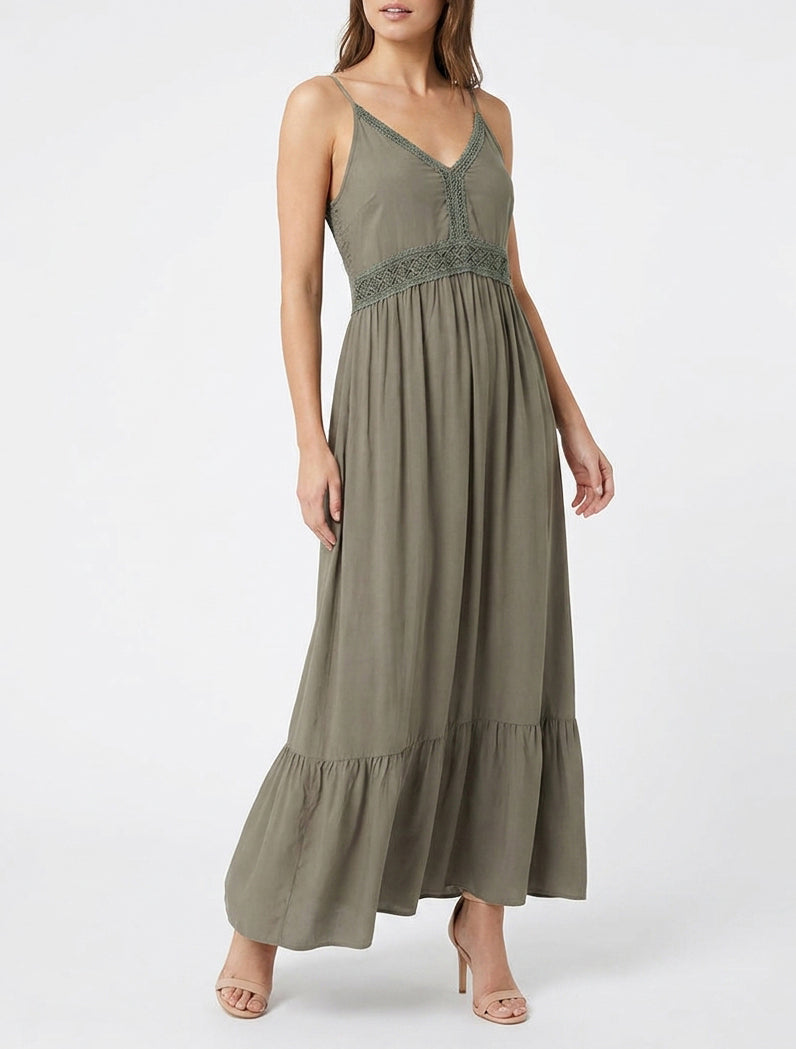 Vestido largo liso con cintura de encaje - Caqui