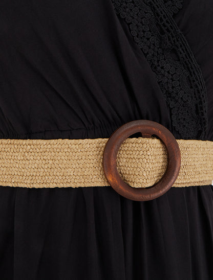 Robe longue unie à col cache-coeur - Noir - 3