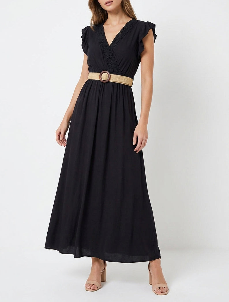 Vestido largo liso con escote cruzado - Negro