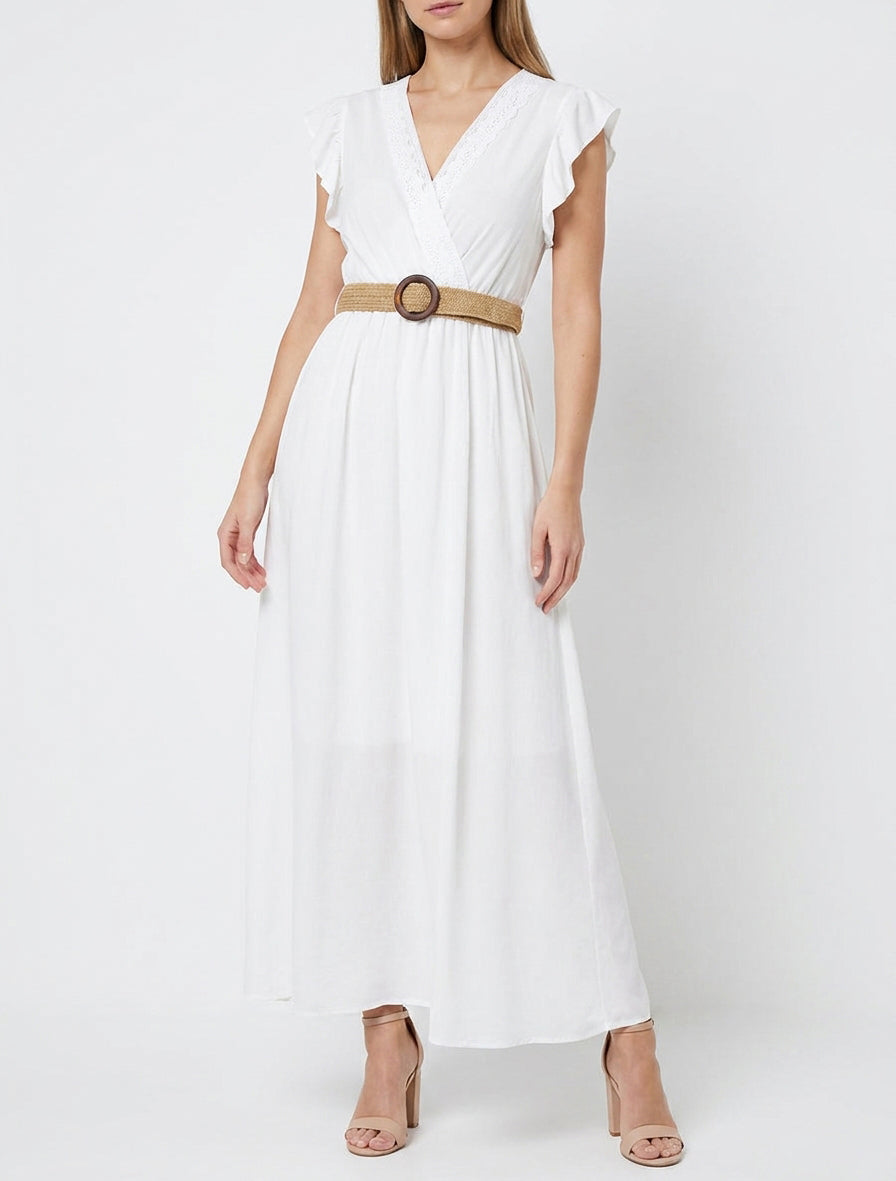Vestido largo liso con escote cruzado - Blanco