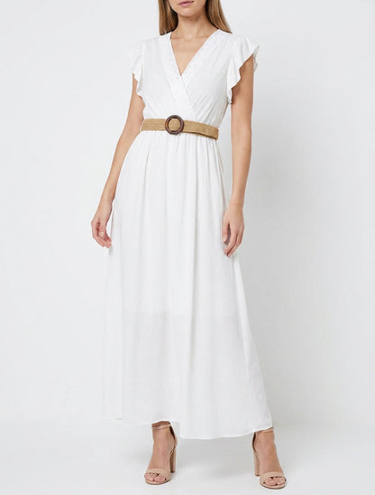 Vestido largo liso con escote cruzado - Blanco