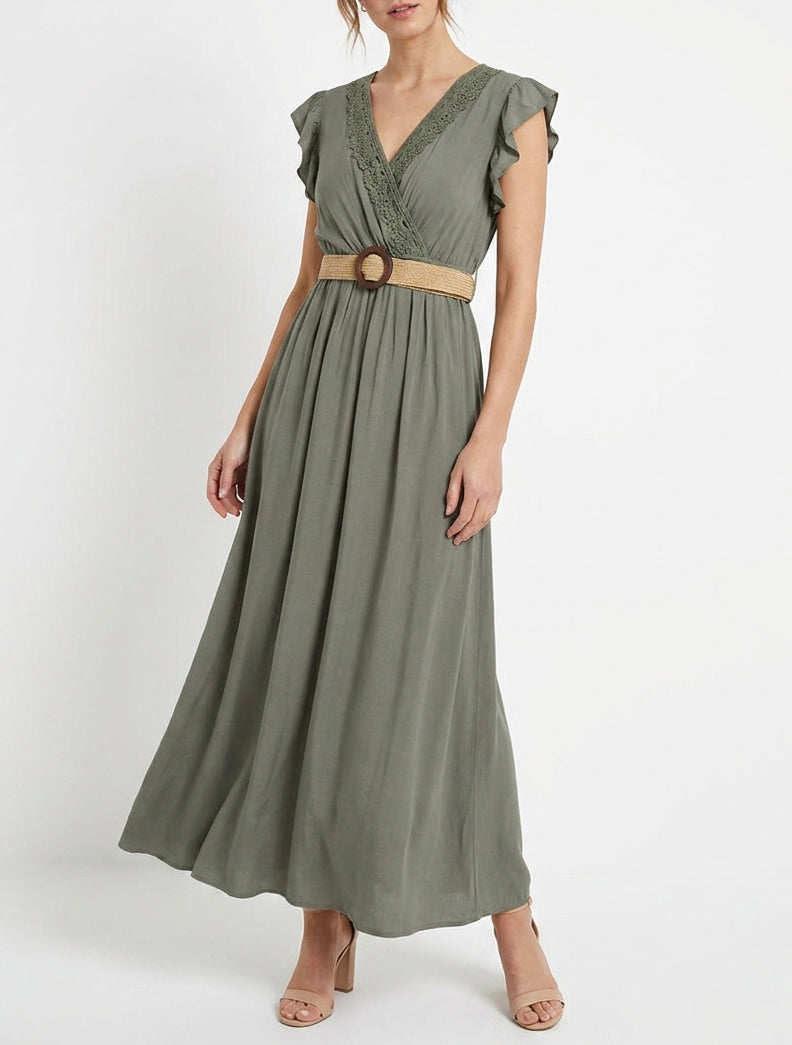 Vestido largo liso con escote cruzado - Caqui