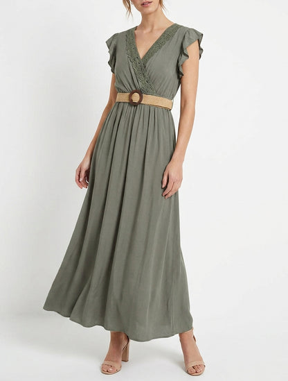 Vestido largo liso con escote cruzado - Caqui