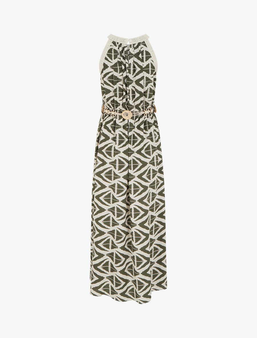 Robe longue à col américain imprimé graphique - Kaki - 2