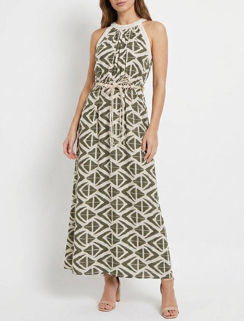 Vestido largo con cuello americano estampado gráfico - Caqui