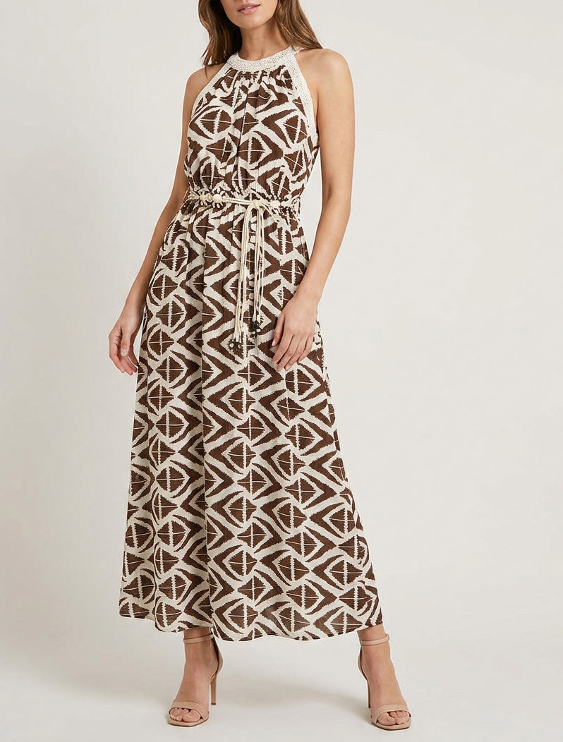 Vestido largo con cuello americano estampado gráfico - Marrón