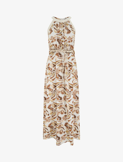 Robe longue à col américain imprimé fantaisie - Marron - 1