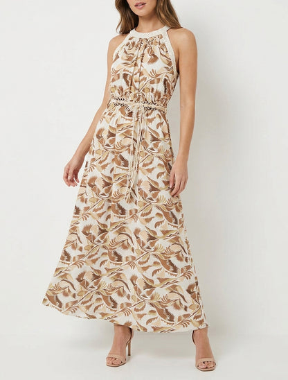 Vestido largo con cuello americano estampado fantasía - Marrón