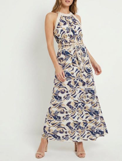 Vestido largo con cuello americano estampado fantasía - Marine
