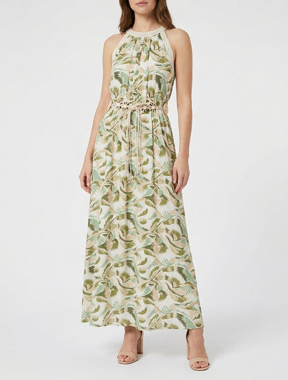 Vestido largo con cuello americano estampado fantasía - Verde