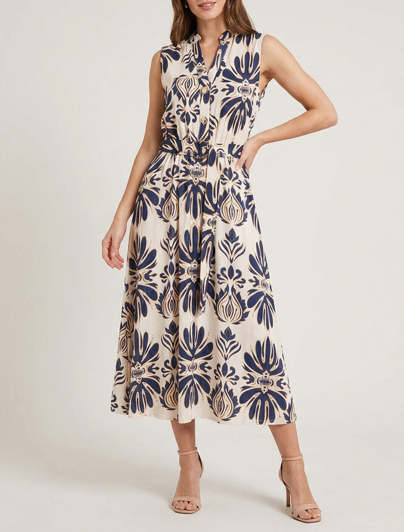 Vestido largo estampado ikat con botones decorativos - Marine