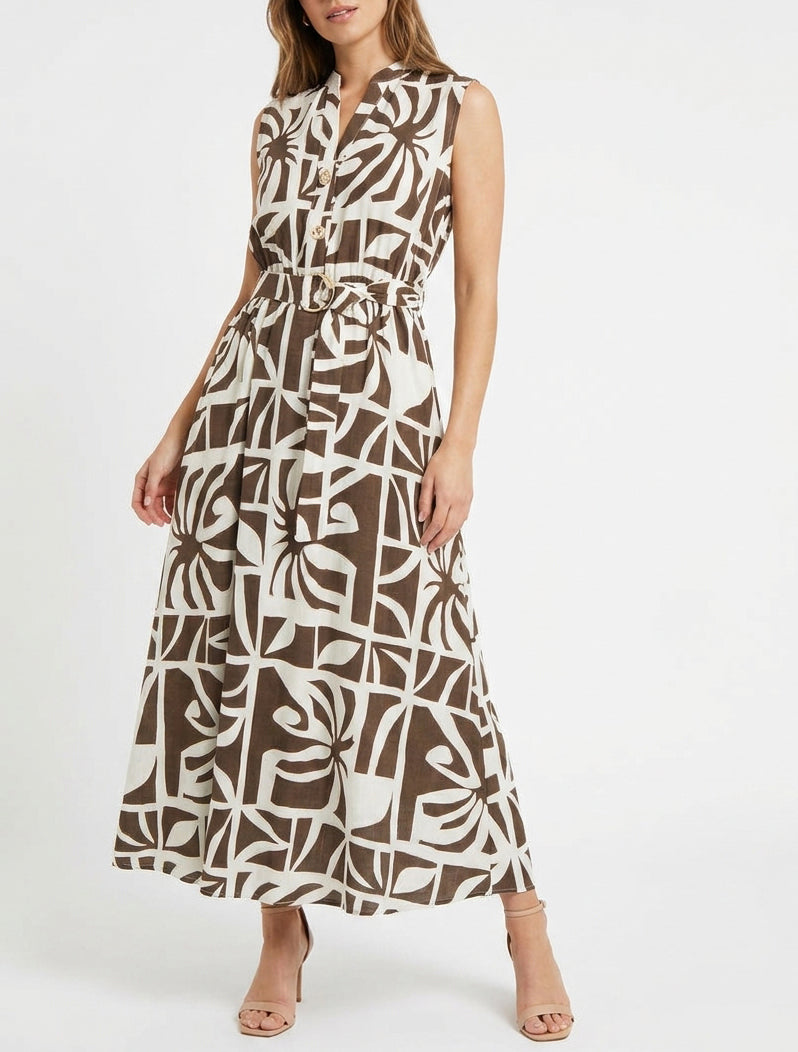 Vestido largo estampado estilizado con botones decorativos - Marrón