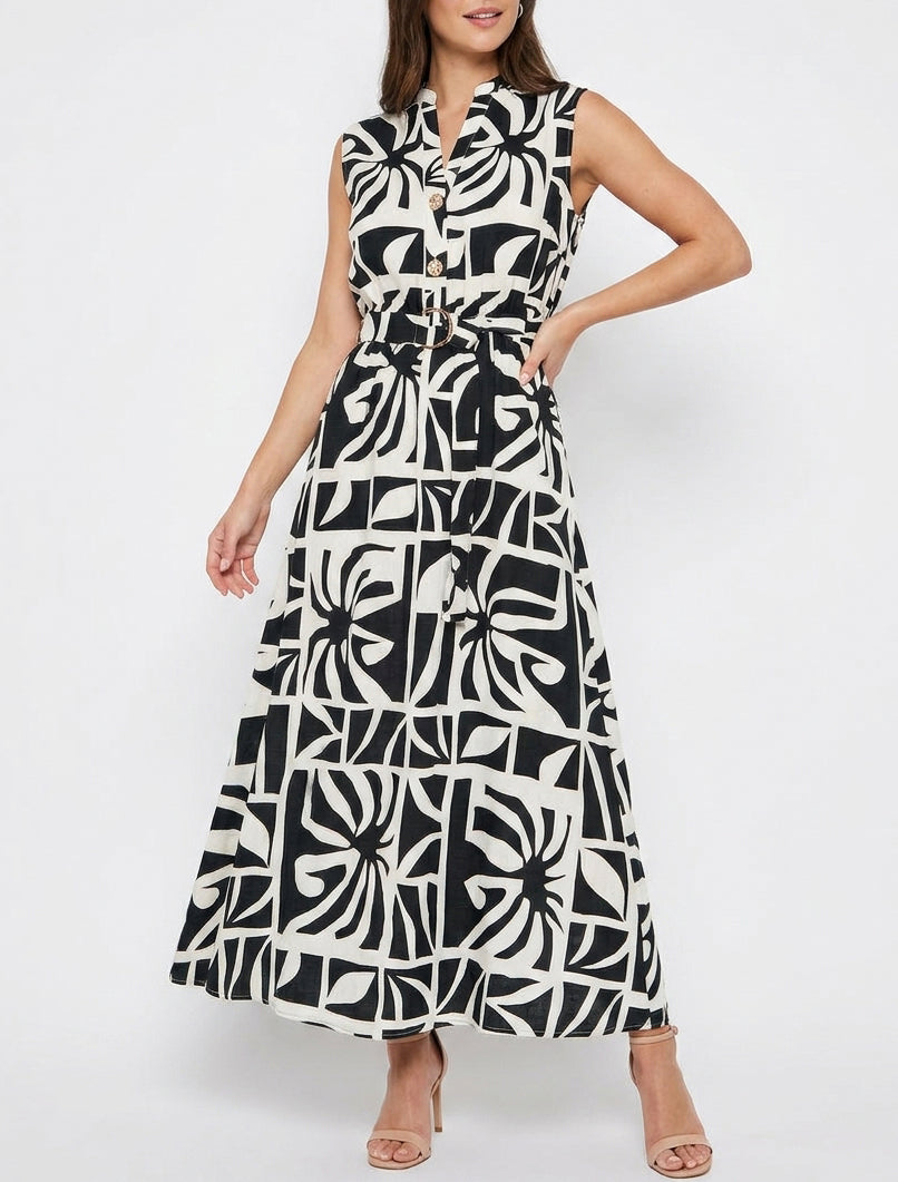 Vestido largo estampado estilizado con botones decorativos - Negro