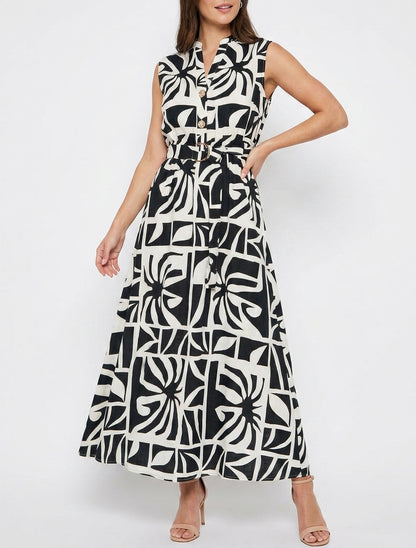 Vestido largo estampado estilizado con botones decorativos - Negro