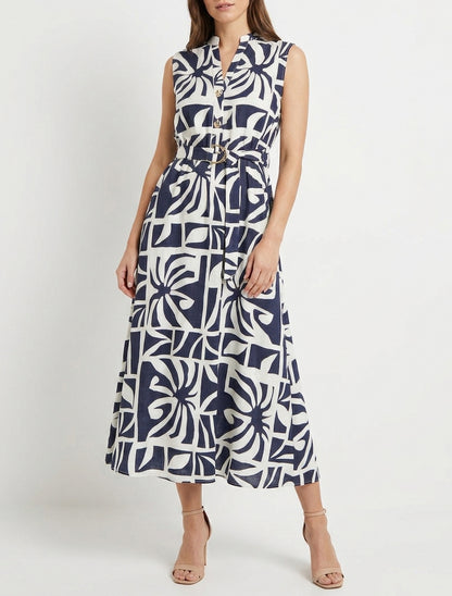 Vestido largo estampado estilizado con botones decorativos - Marine