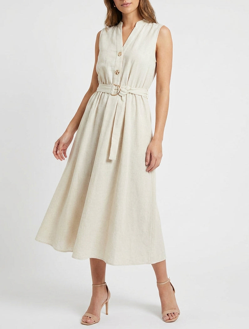 Vestido largo liso efecto lino - Beis