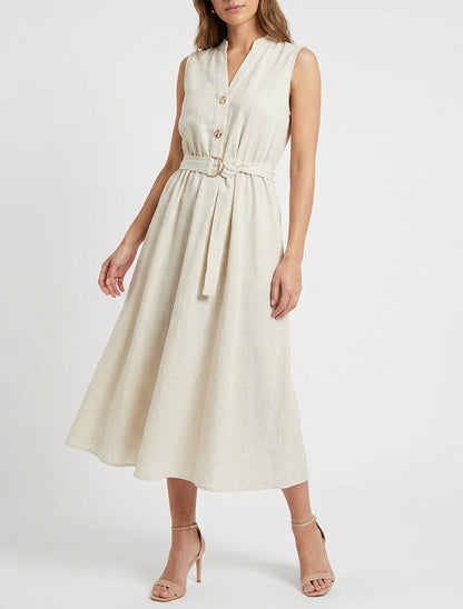 Vestido largo liso efecto lino - Beis