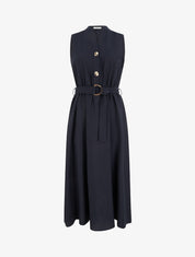 Robe longue unie effet lin - Marine - 1