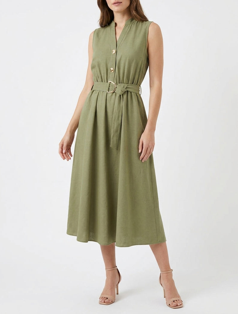 Vestido largo liso efecto lino - Caqui