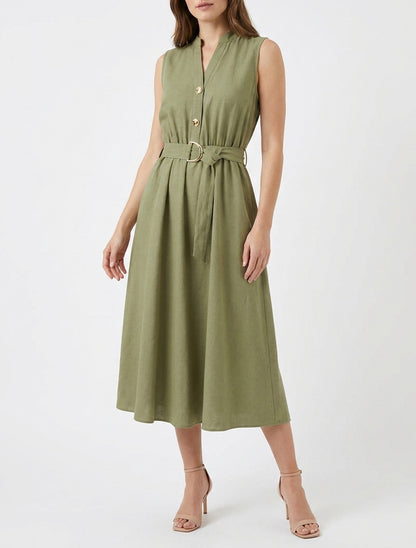 Vestido largo liso efecto lino - Caqui