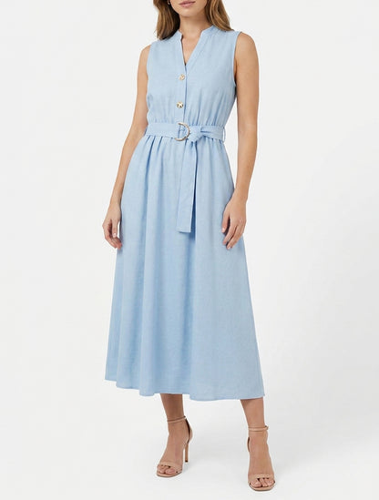 Vestido largo liso efecto lino - Azul cielo