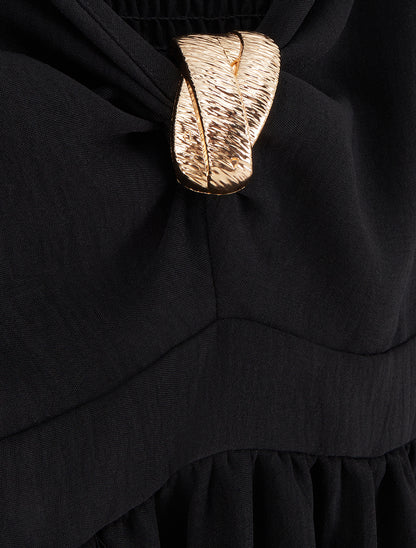 Robe longue unie à col V bijou - Noir - 3