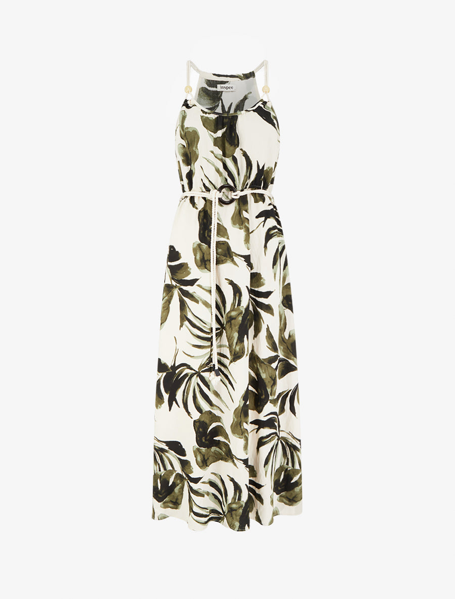 Robe imprimé feuilles à bretelles en cordelettes - Kaki - 1
