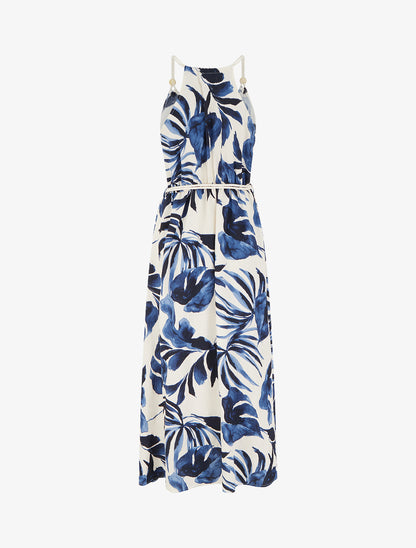 Robe imprimé feuilles à bretelles en cordelettes - Marine - 2