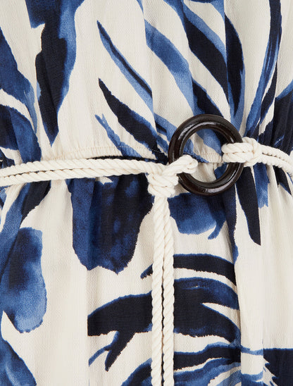 Robe imprimé feuilles à bretelles en cordelettes - Marine - 3