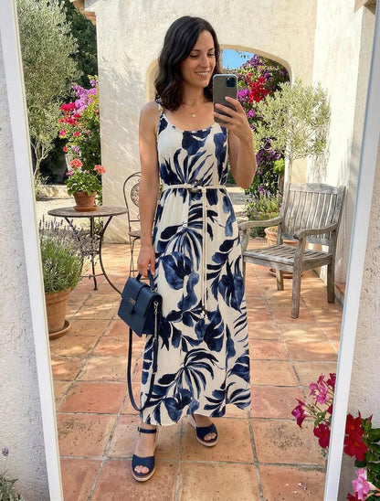 Vestido con estampado de hojas y tirantes de cordones - Marine