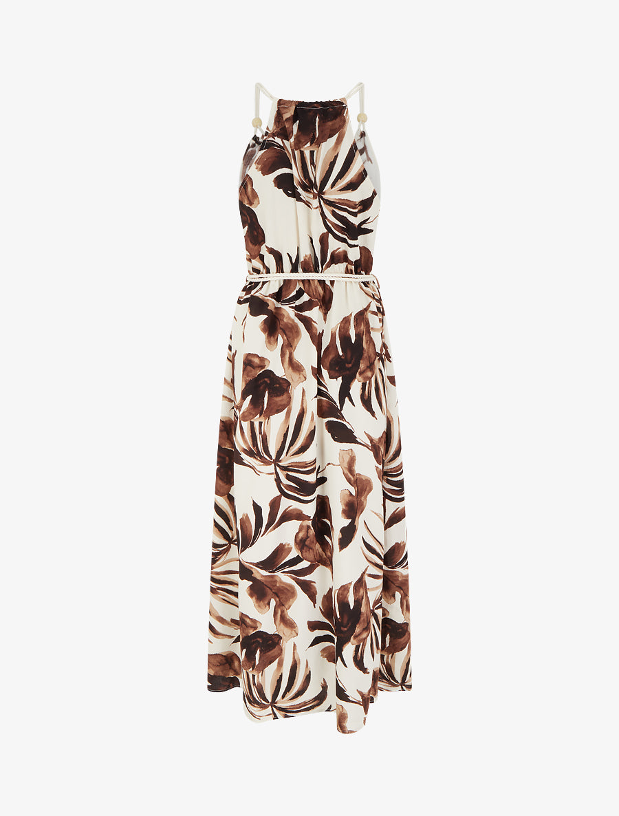 Robe imprimé feuilles à bretelles en cordelettes - Marron - 2